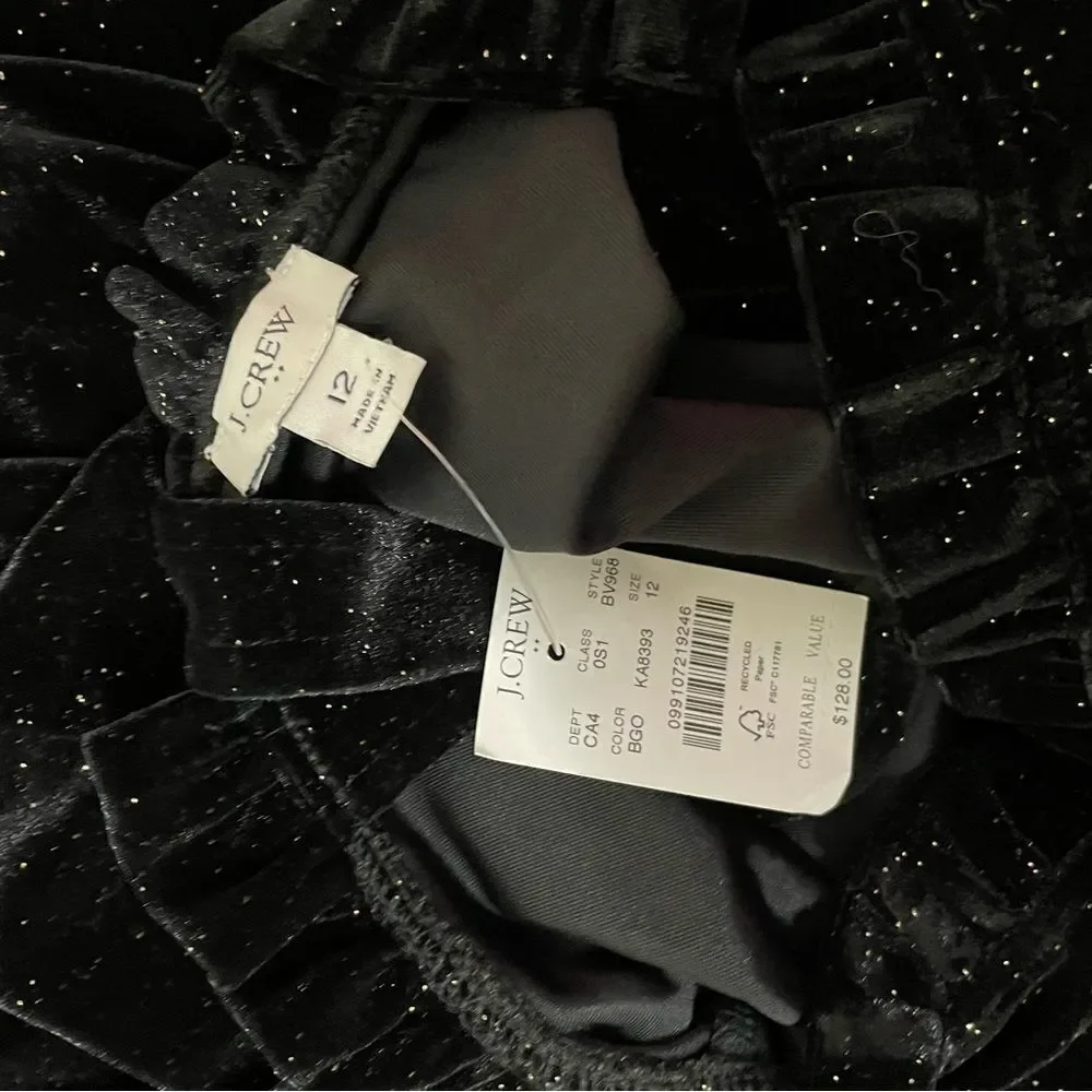 J. CREW Glitter Velvet Tiered Midi Holiday Dress Black Gold Size 12